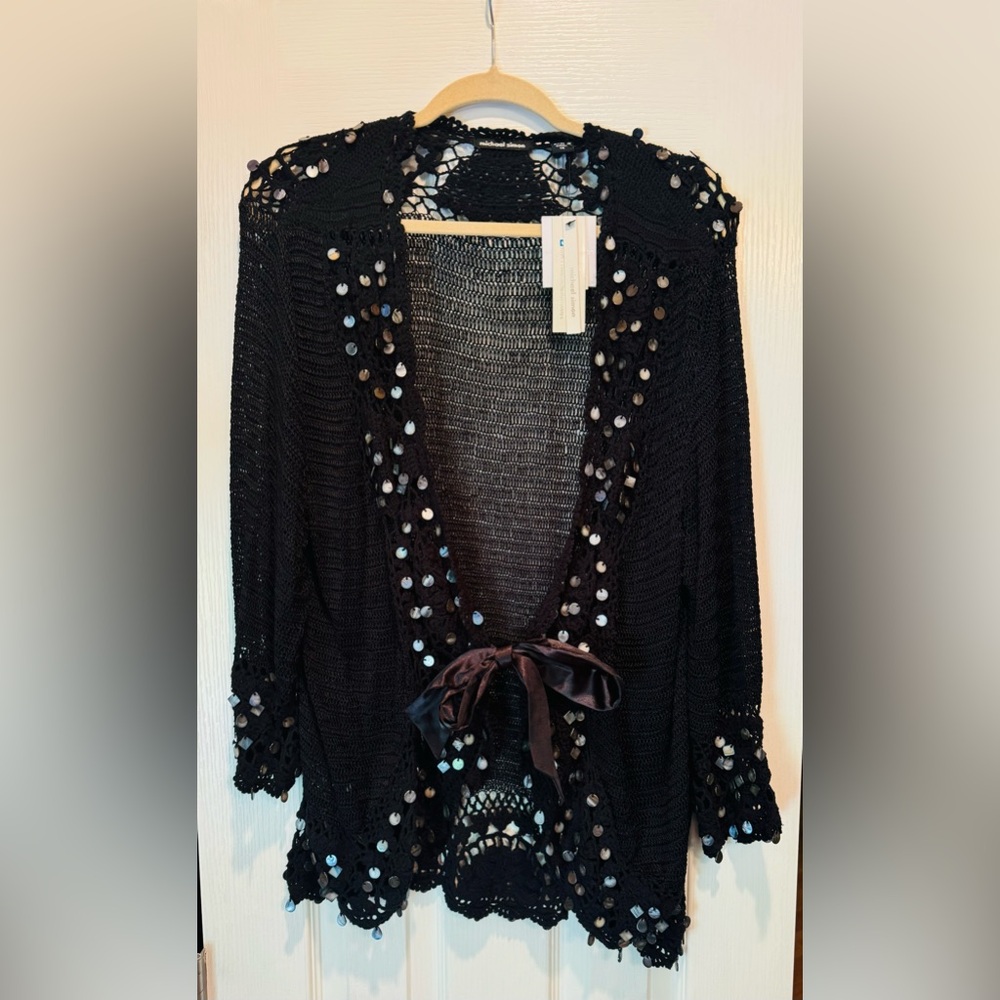Michael Simon Black Crochet Cardigan with Satin Closure and shell trim 1X